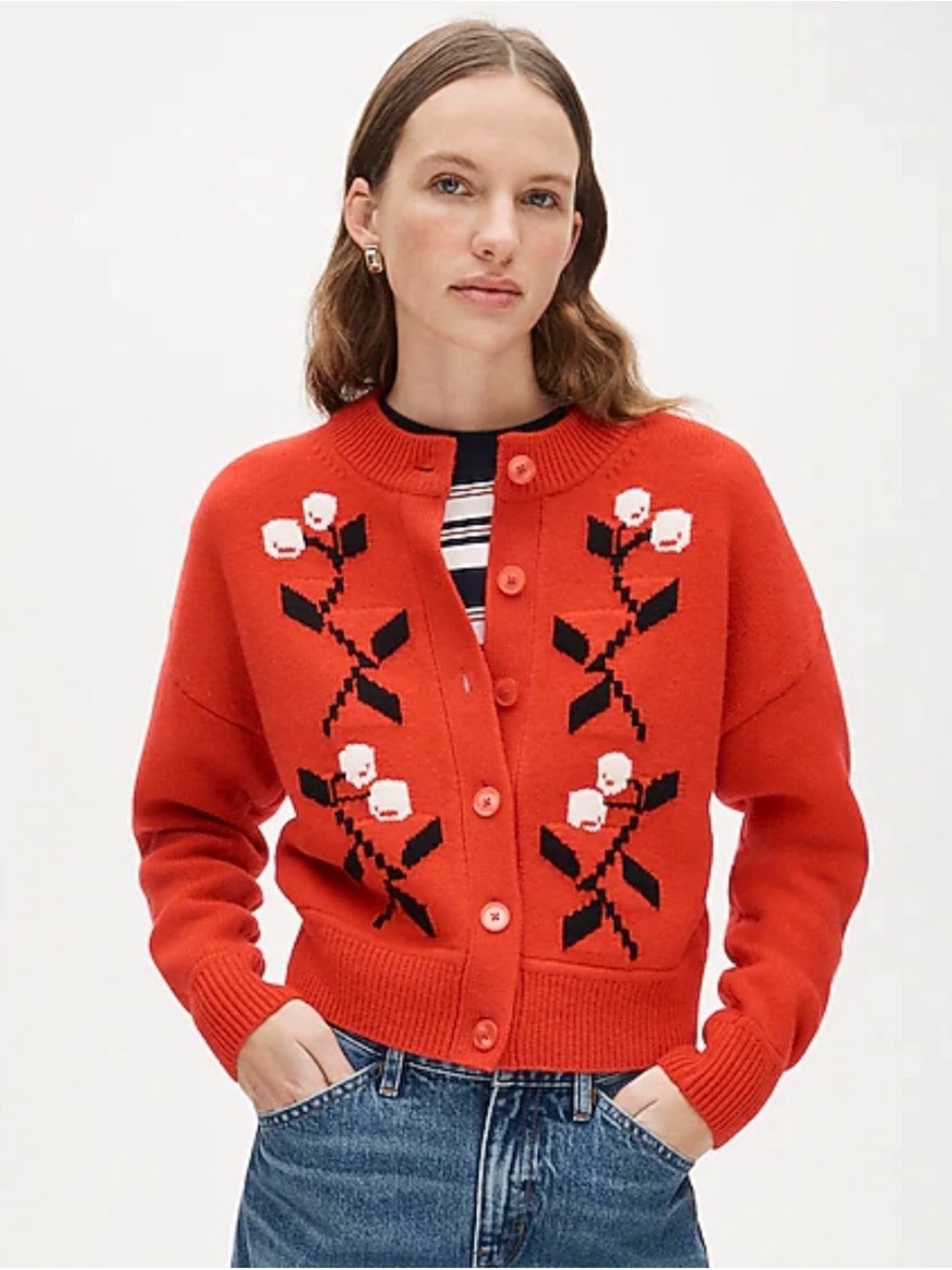 J.Crew 100% Wool Floral Intarsia Cardigan Sweater Red XS NWT